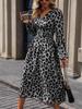 Leopard Print V-Neck Long Sleeve Dress - European & American Style, High Waist, Women's Elegant Commute Wear