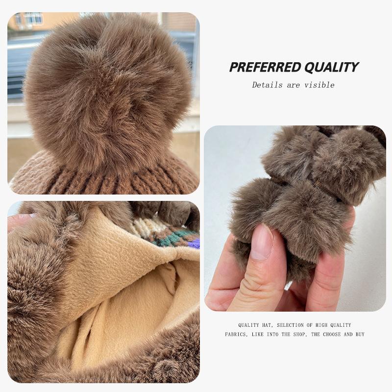 Striped Knitted Hat Women's Winter Velvet Thickened Wool Hat Warm Ear Protection Cold Hat Outdoor Riding Cold Hat
