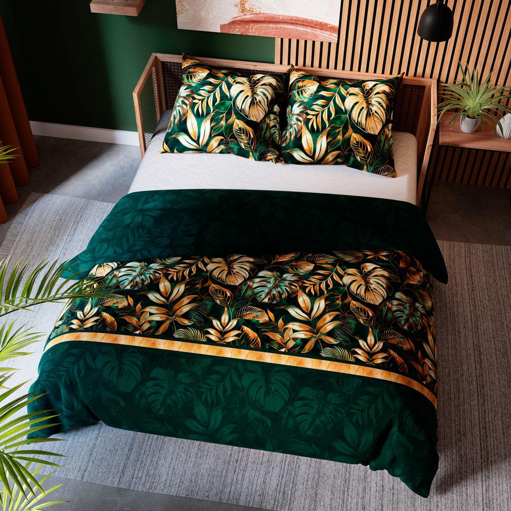 SELVA Green bedding set 220x200 cm - satin cotton, tropical pattern