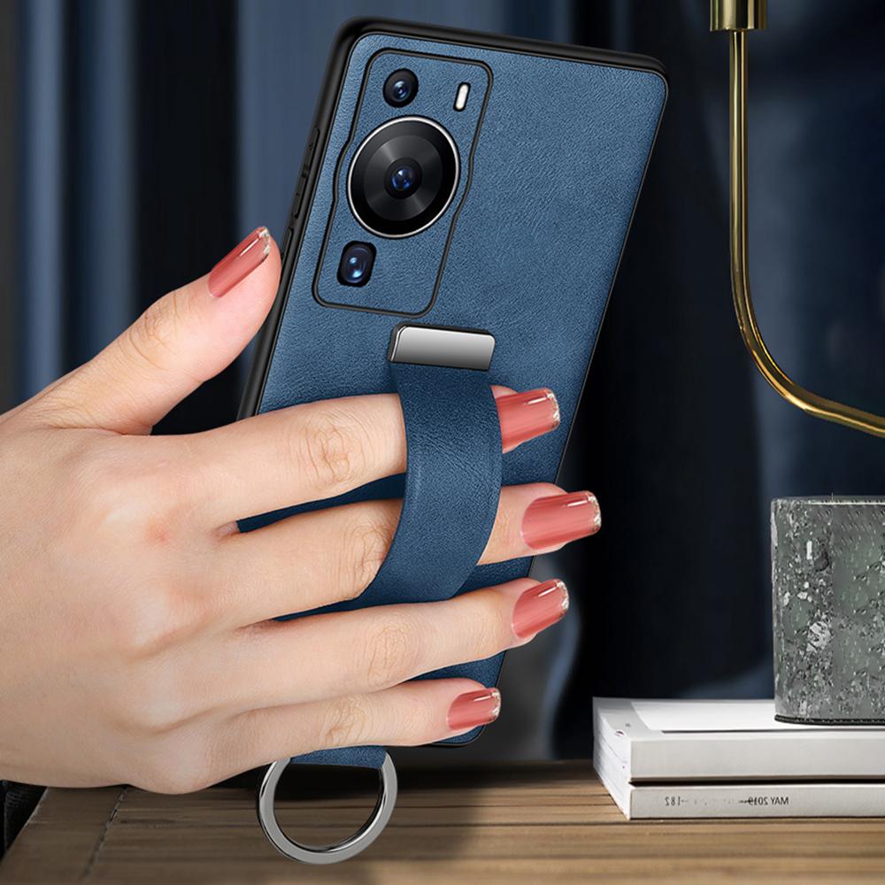 SULADA Fashion Series for Huawei P60 Pro Crazy Horse Texture Back Cover Retractable Strap Kickstand Leather Coated PC+TPU Phone Case