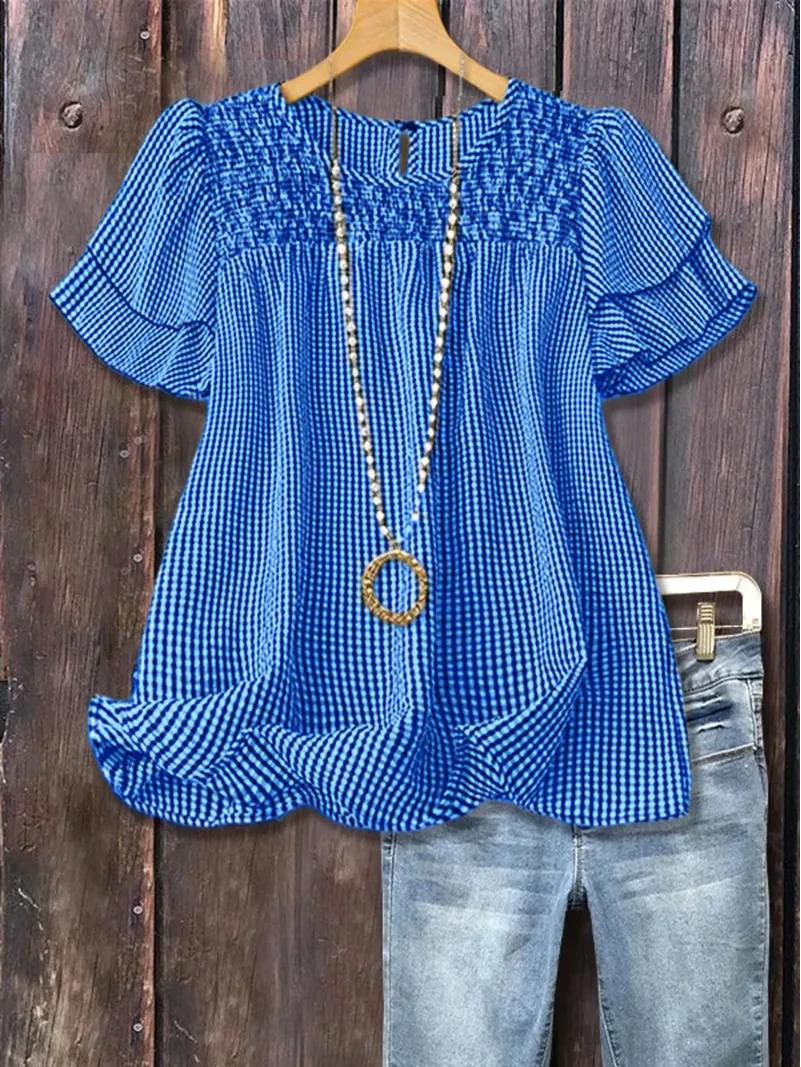 

Клетчатый топ с оборками и коротким рукавом L синий