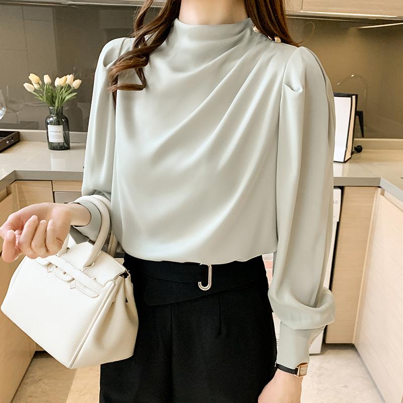 Fashion Autumn Long Sleeve Stand Collar Satin Blouse Shirt Women Tops J296