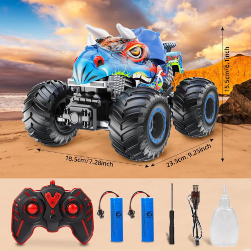 Popular RC Off-Road Dinosaur Monster Truck Toy for Kids, Rechargeable, Remote Control Car, Break-Resistant, Non-Slip Large Tires, Two High-Capacity Re