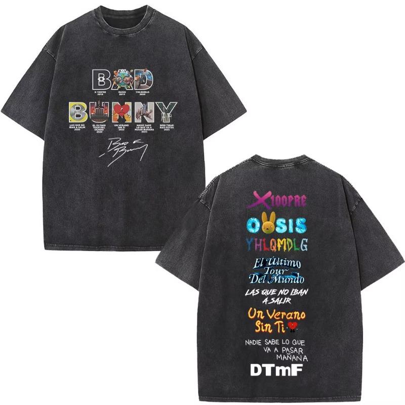 Rapper Bad Bunny Album Cover Washed Vintage T-shirt Debi Tirar Mas Fotos DTMF T Shirts Men Fashion Hip Hop Short Sleeve T-shirts