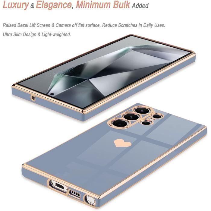 Coque de protection - BOOLING - pour Samsung Galaxy S24 Ultra - Silicone Bleu - Motif Cœur - 2 Verres Trempés