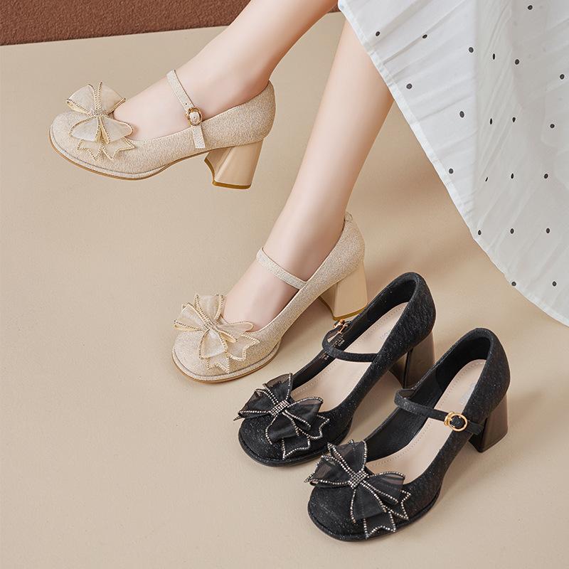 Augustine Mary Jane Women's Shoes 2025 New Summer French High Heel Small Leather Shoes Thick Heel Shallow Temperament Single Shoes