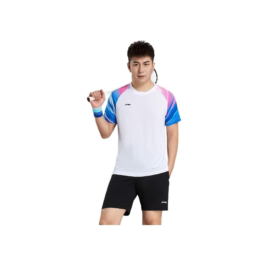 Li Ning Badminton Series Color Block Printed V-Neck Pullover Short Sleeve T-Shirt Mid Waist Shorts Casual Sports Set Unisex Sports Set AATU023-1