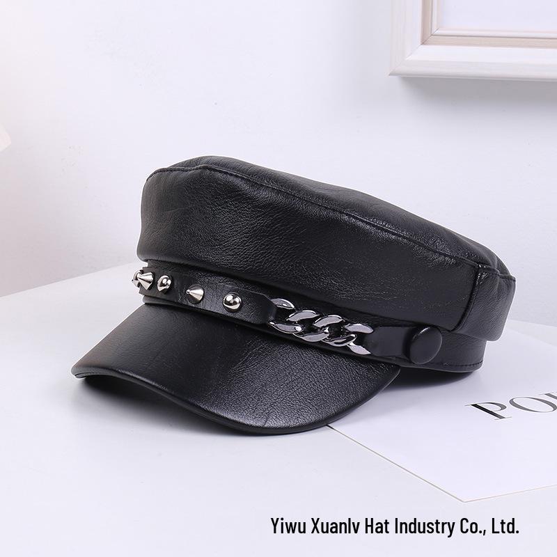 

Женская весенняя кепка в корейском стиле из мягкой кожи с заклепками - Ретро черная шляпа художника Medium (56-58cm) чёрный