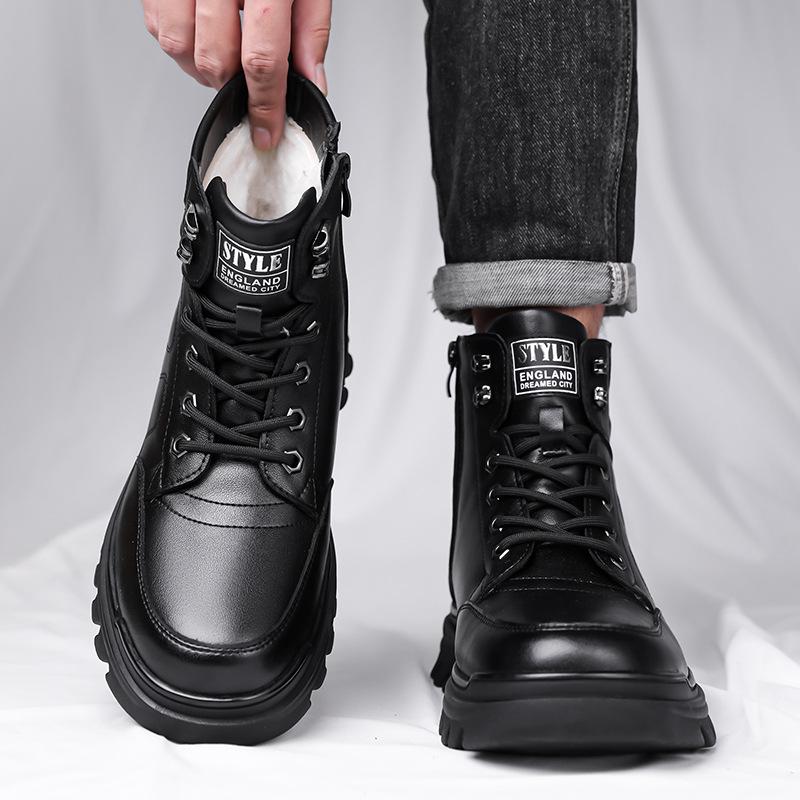 Scarpe Calde in Cotone Invernali High Top da Uomo Nuovi Designer Stivali in Pelle di Mucca Nera Moda Maschile Casual Piattaforma Stivali da Lavoro Uomo
