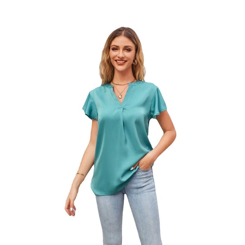 Summer T-shirt European and American New Product Women's Satin V-neck Ruffle Sleeve Fashion Office Work Top S-2XL