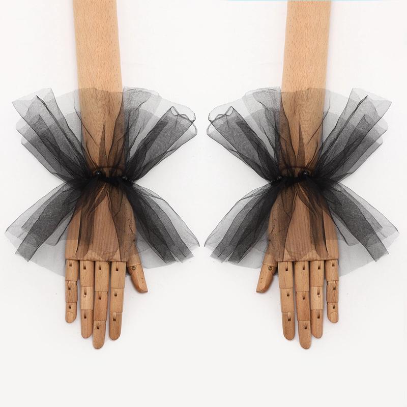 

Черный горошек тюль съемные накладные рукава эластичная сетка кружево декоративные оборки манжеты на запястье для невесты свадебное платье