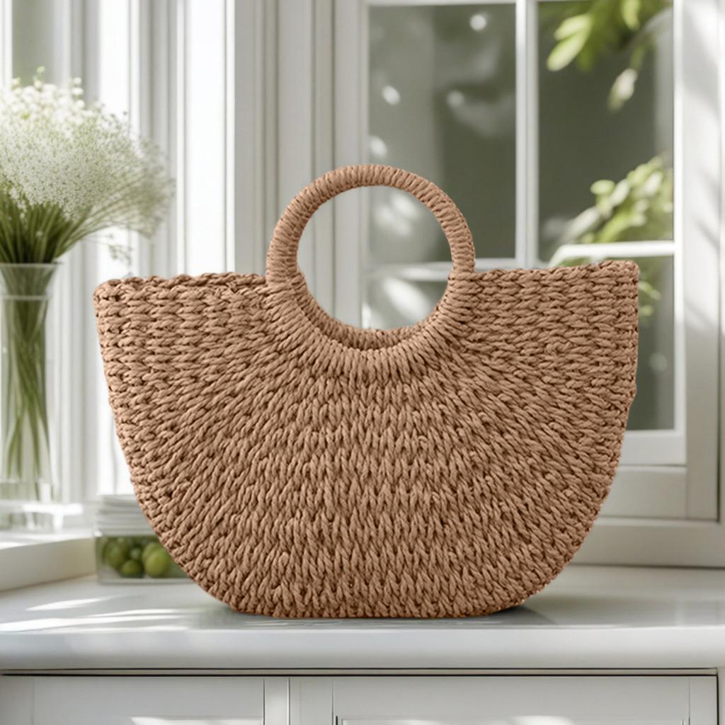 Borsa rotonda di paglia, Borsa di paglia semi-circolare in corda di carta, Borsa a mano, Borsa da spiaggia