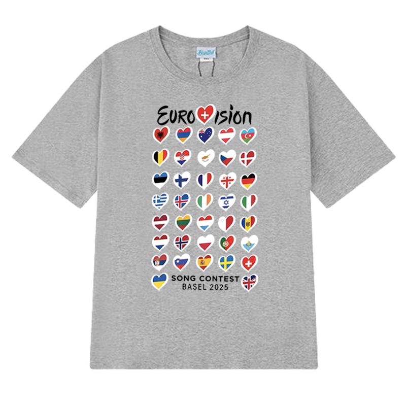 Summer Fashion Eurovision Song 2025 Flags printed T Shirt New Unisex Oversized short sleeve T-shirts Unisex 100% Cotton clothing