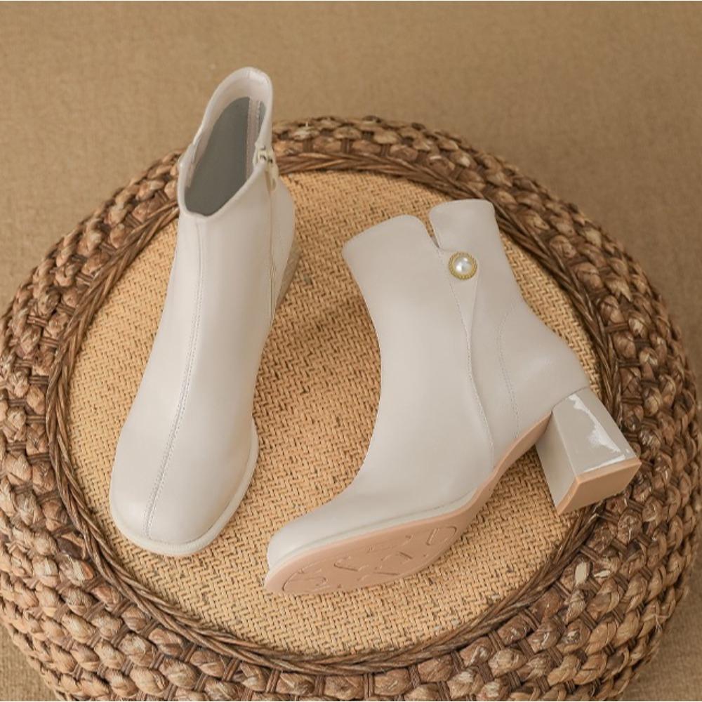 Leather Boots Women's Winter New French Bootie Women's Versatile Rough Heel High Heel Mary Jane Boots Women Ankle Bootie