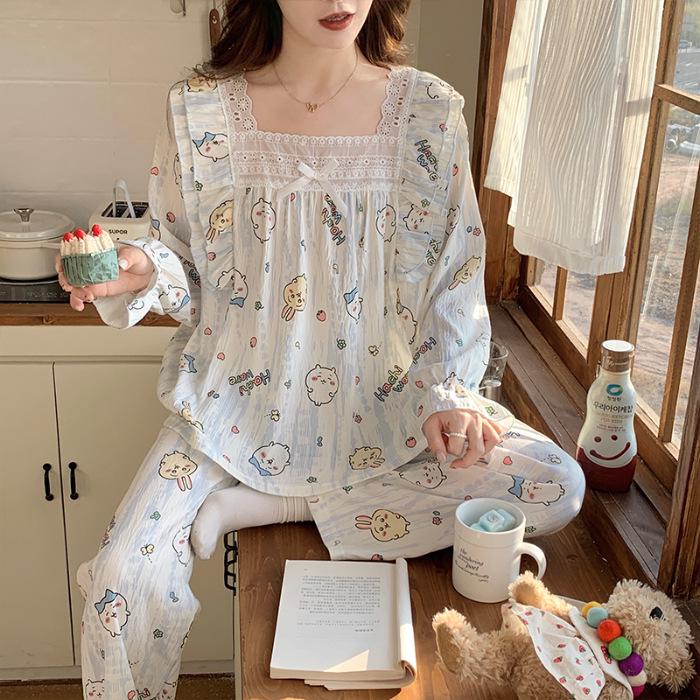 Sweet Polka Dot Lace Trim Princess Pajama Set for Women - Long Sleeve
