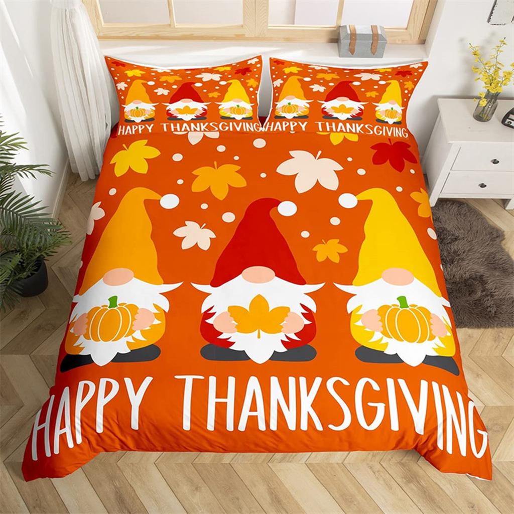 Fall Maple Leaves Autumn Harvest Theme Duvet Cover Cartoon Christmas Santa Thanksgiving Pumpkin Holiday Decor Gifts for Children