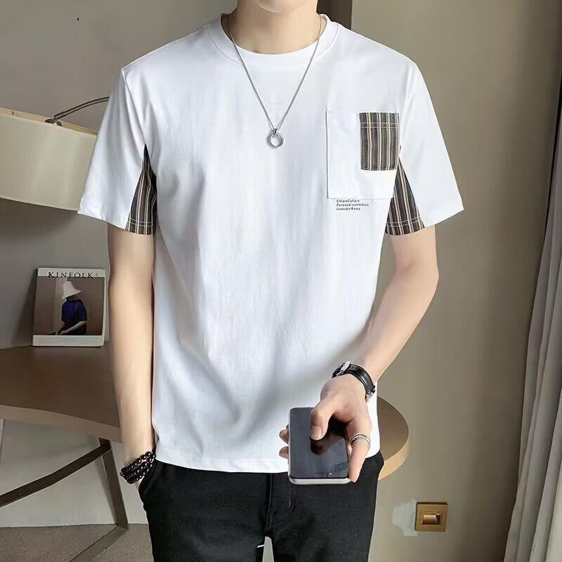 

Мужская летняя футболка с круглым вырезом в корейском стиле, в полоску, пэчворк L белый