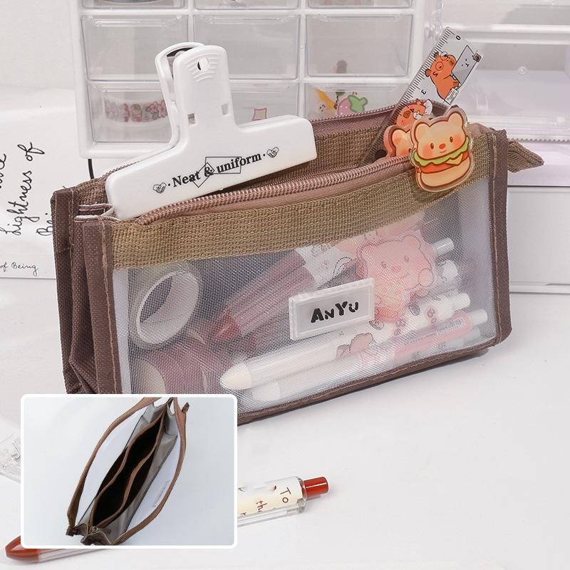 

Transparent 5 Layer Mesh Bag Pen Pencil Case Visable Pocket Storage Pouch for Stationery School A7681 кавовий