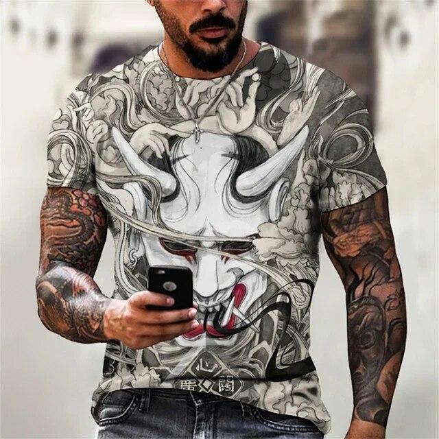 Japonské samurajské tričko s potiskem pro muže Letní hip-hopový trend Harajuku Streetwear Neformální topy s krátkým rukávem Móda Volná trička