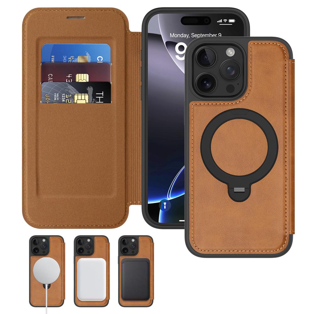 KEYSION PU Leather Flip Wallet Case for iPhone 11 12 13 14 Pro Max 14 Plus Cards Slots Magnetic 360 Ring Stand Phone Back Cover