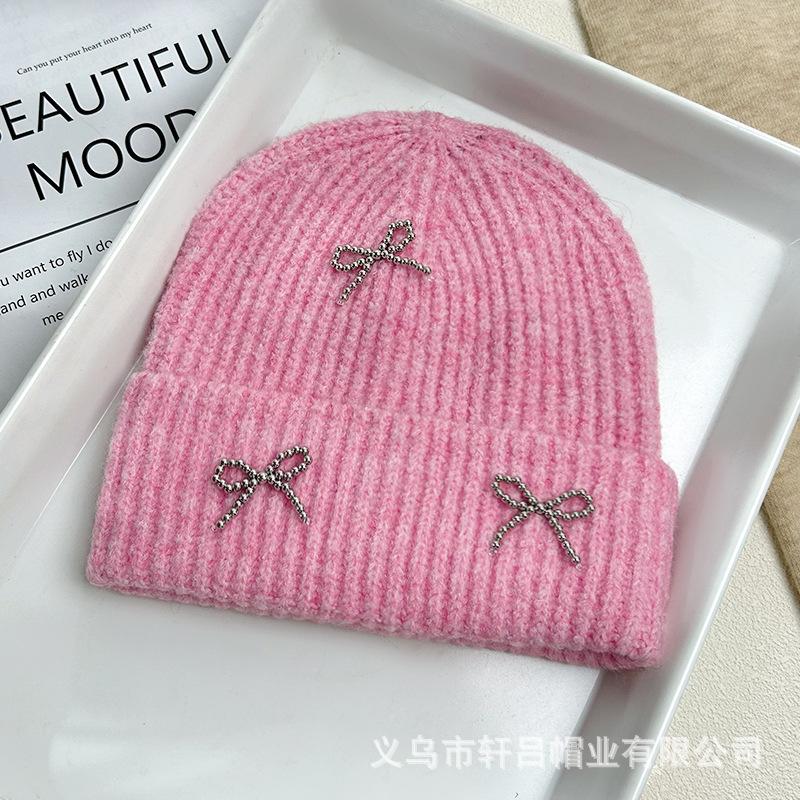 Autumn and winter new Xiaoxiangfeng steel ball bow wool hat versatile women's big head circumference ear protector knitted cold hat