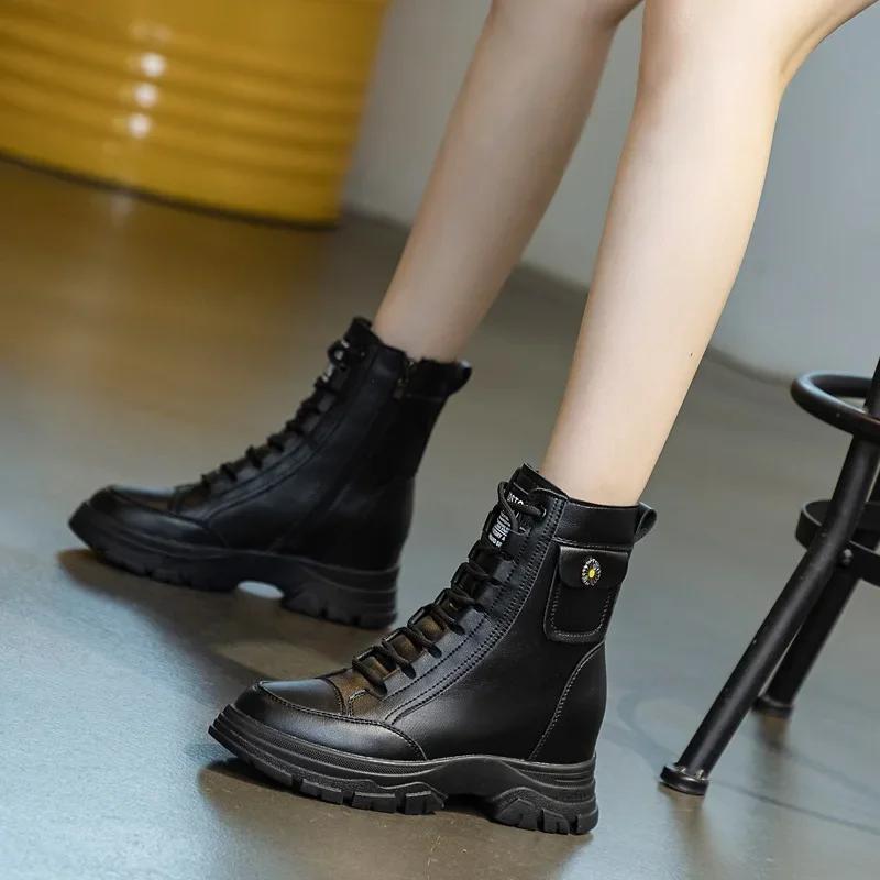 

Женские панк-ботинки, теплые плюшевые зимние ботинки, скрытый каблук 7 см, массивные ботинки на платформе, кожаные мотоциклетные туфли, женские ботинки Botas Mujer 39 чёрный