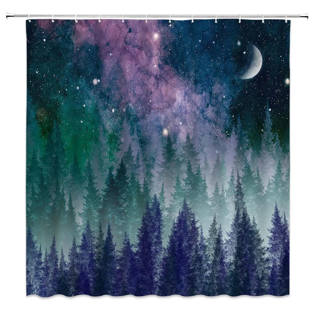 Space Shower Curtain Himalaya Mountain Tops At Starry Night Time with Stars Earth Cosmos Cloth Fabric Bathroom Decor with Hooks