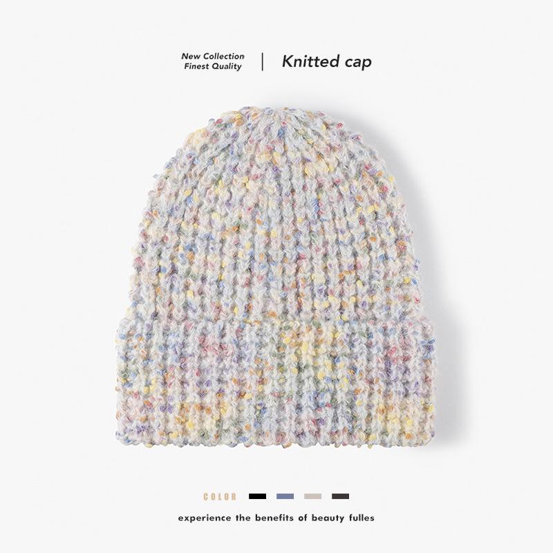 Multicolor Speckled Chunky Knit Beanie Warm Winter Soft 3D Embroidery Bows Pattern Stretch Skull Cap for Women