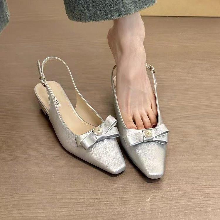 

Square head thick heel bag head sandals women s shoes 2025 new summer versatile bow small fragrant wind empty single shoes 35 срібний