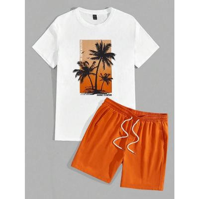 Herren Freizeit Rundhals T-Shirt Set Tropisches Botanisches Druckmuster Kurzarm Und Shorts Urlaub Lässig Zweiteiliges Set