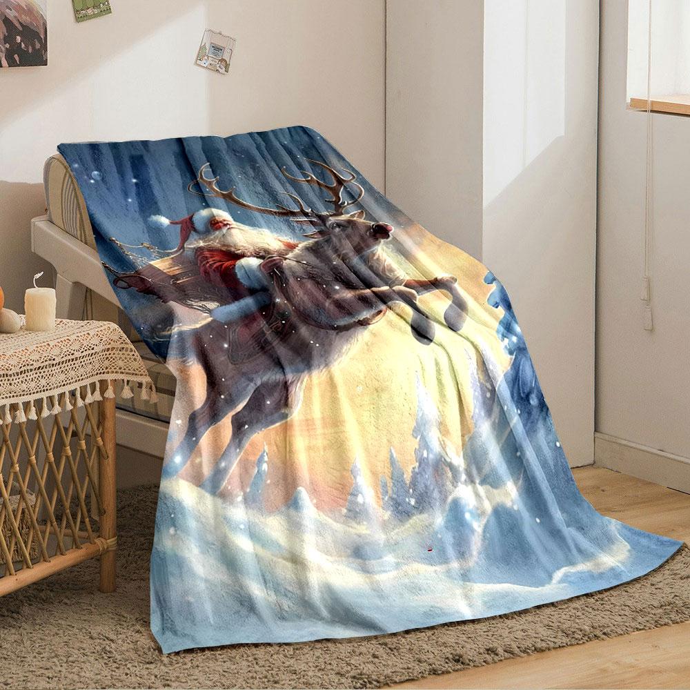 Santa riding a reindeer through a snowy landscape at sunset. for all seasons blanket lunch break throw gift