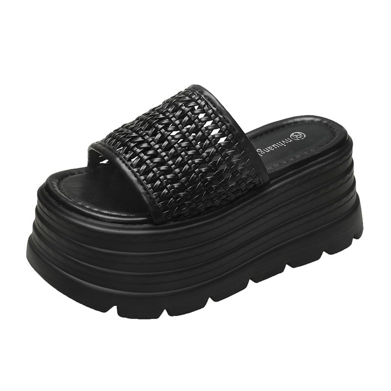 Fashion 8CM Platform Sandals Women 2025 Summer New Non-slip High Heels Weave Leather Slippers Ladies Open-toed Roman Soft Beach Shoes