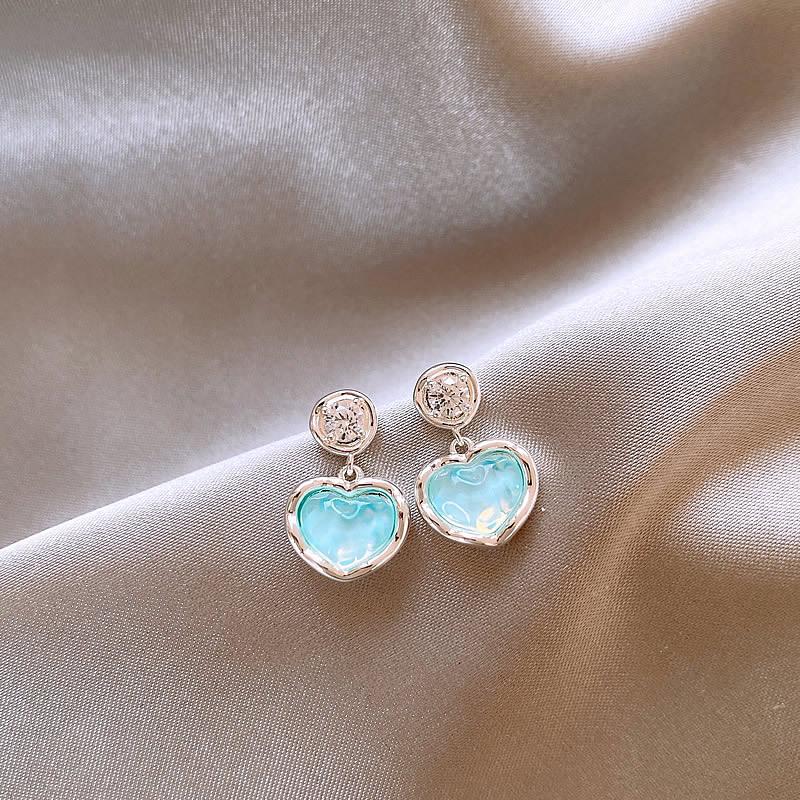 Translucent Blue Zirconia Heart Stud Earrings for Women - Elegant, Sweet, and Simple Design