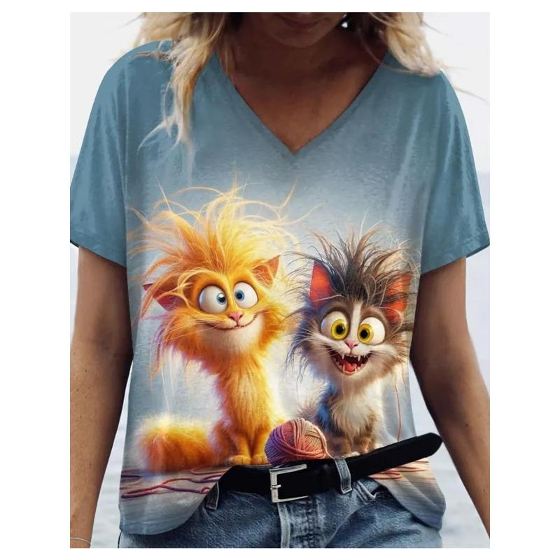 Cartoon T-shirt Women's Short Sleeve Summer Outdoor Casual V-Neck Short Sleeve Tops Oil Painting Puppy Print Plus Size Clothing