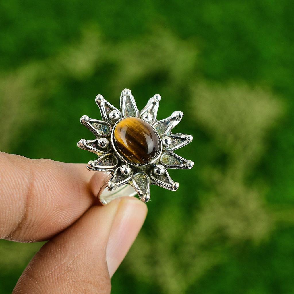 Womens day Deal Natural Tigers Eye Flower Multi Stone Ring Jewelry 925 Silver
