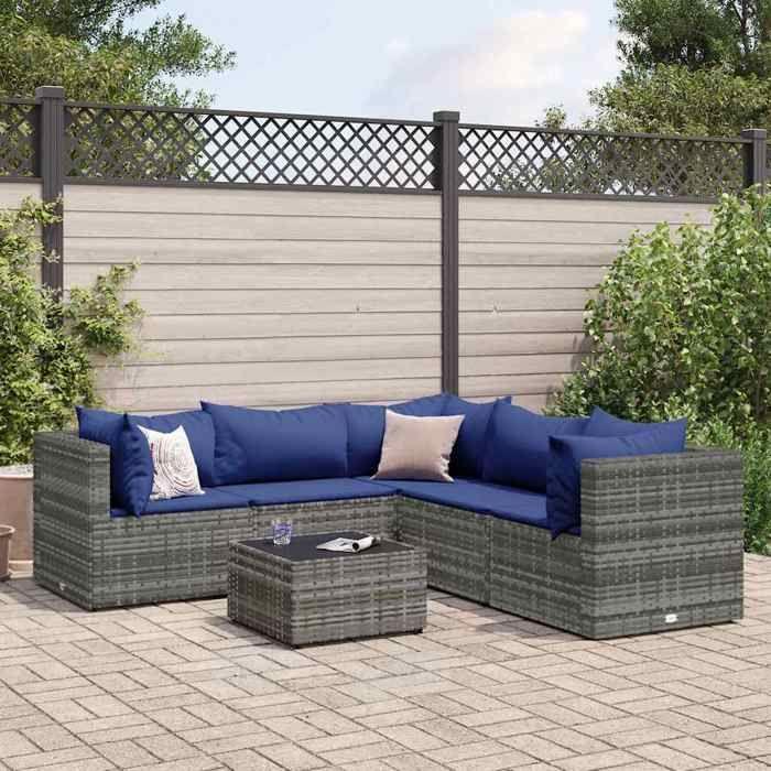 VidaXL Garden Lounge Set 6 Pcs with Cushions Grey Wicker, Outdoor Sofa Set, Garden Corner Sofa, 3308135