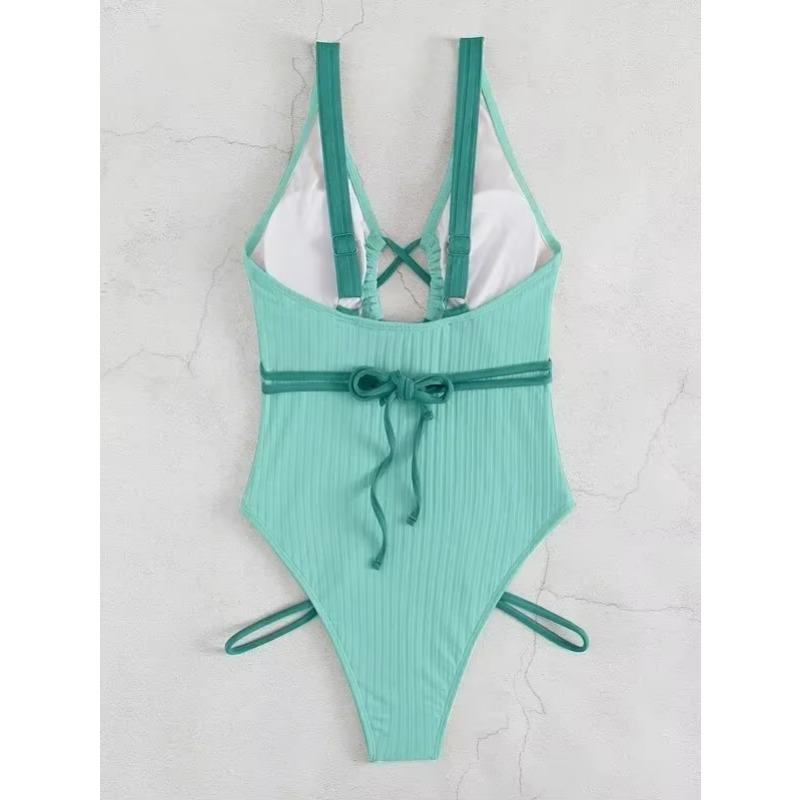 Jednoczęściowy Strój Kąpielowy Kąpielówki Damskie Jednolity Prążkowany Pusty Tył Skrzyżowane Ramiączka Odzież Plażowa Strój Kąpielowy Banadores Mujer