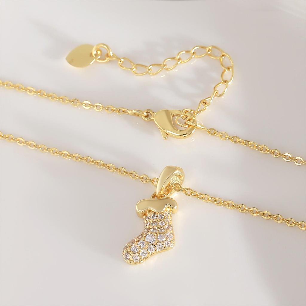 Copper Electroplated Gold Christmas Stocking Pendant Necklace - Women's Niche Clavicle Chain Design