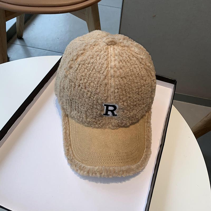 Korean Style Hat for Women In Autumn and Winter R Letter Embroidered Baseball Cap Thickened Plush Warmth Fashionable and Versatile Baseball Cap