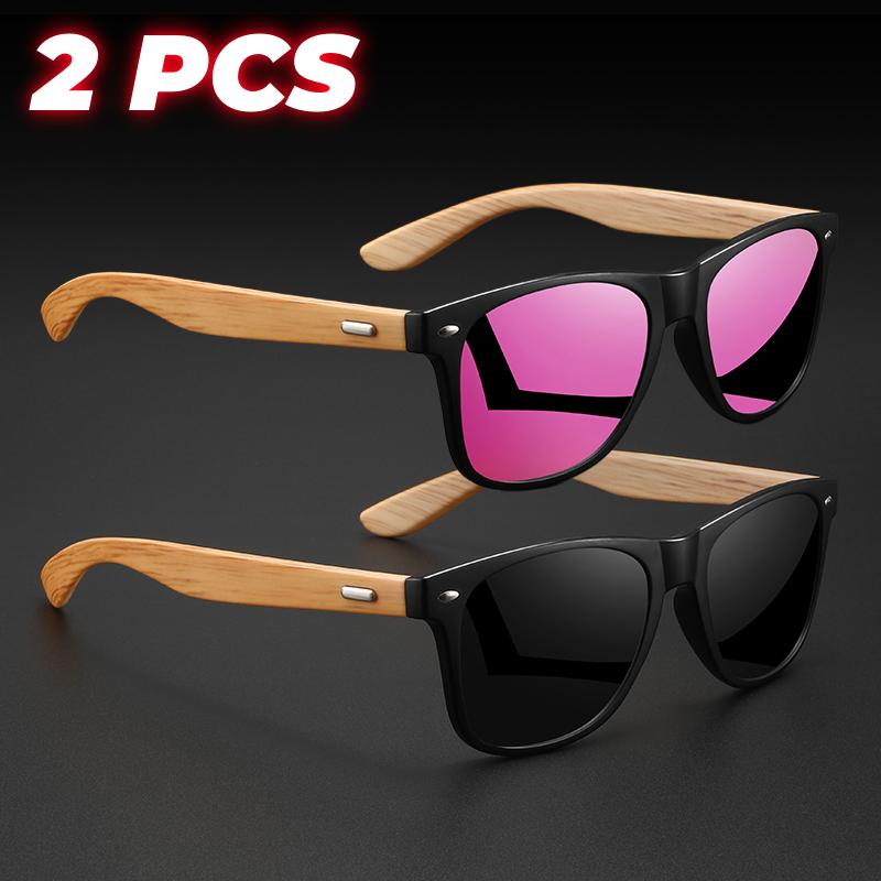 2PCS Retro Square Sunglasses Bamboo-Like Temple Silver Rivet Accents UV400 Unisex Gift for Outdoor & Daily Vintage Elegance