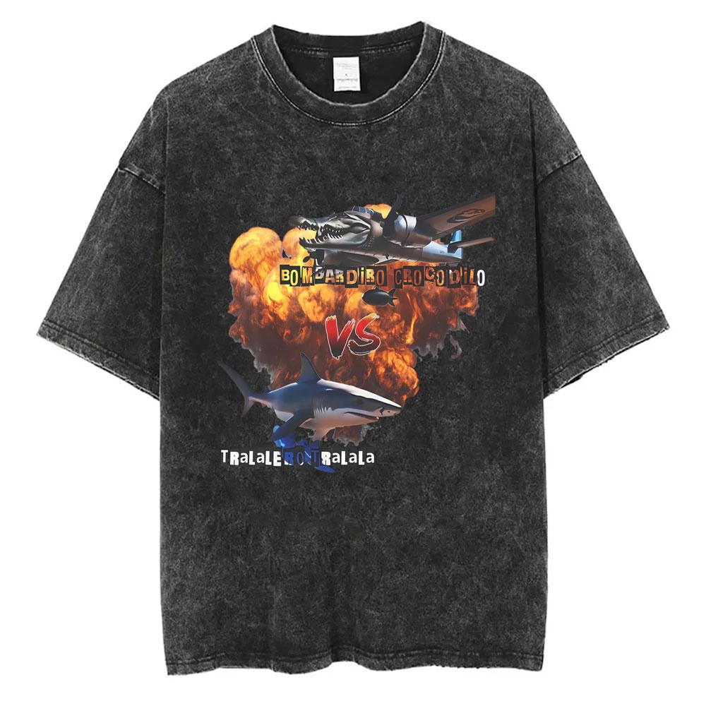Bombardiro Crocodilo Crocodile Plane Bomber Funny Meme Washed Vintage T-shirt Men Women Casual Italian Brainrot Humor Style Tees
