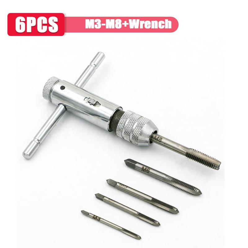 Adjustable Silver T-handle Ratchet Tap Holder Wrench Set Hand Tools With 5pc M3-m8 Machine Screw Thread Metric Plug T-shaped Tap
