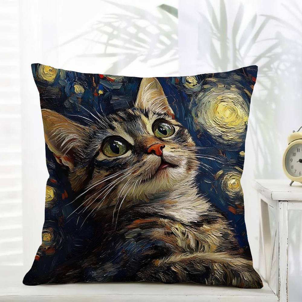 Cute Oil Painting Colorful Cat Cushion Cover Comfort Daily Washable Linen Soft for Sofa Bed Home Room Decor