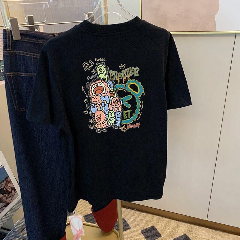 European Cartoon Print Cotton T-Shirt - White, Short Sleeve, Loose Fit, Round Neck, Summer 2025 Women's Fashion