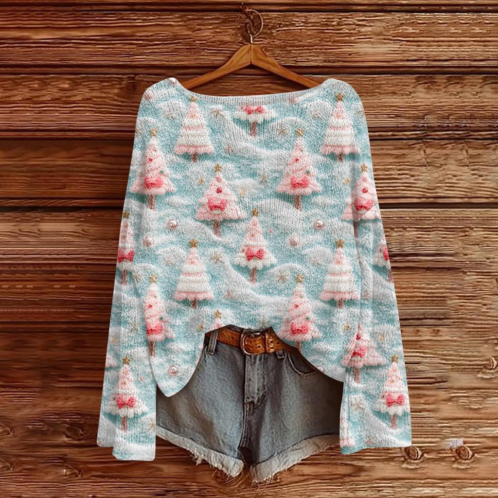 Ladies' Fashionable Casual Long Sleeved Christmas Printed Round Neck Knitted Yarn