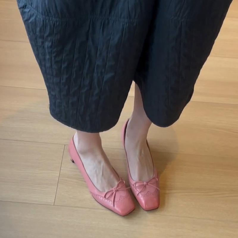 Pink single shoes women's gentle wind bow light mouth one pedal with skirt thick heel high heels