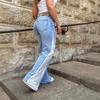 Women Elastic Lace Jeans Contrasting Color Splicing Wide Leg Straight Leg Denim Pants