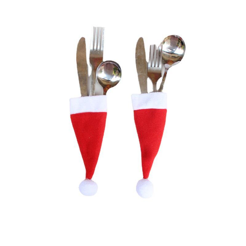 Festive Christmas Table Set: Non-Woven Hat Utensil Cover and Wine Bottle Wrap with Table Cloth
