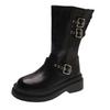 Soft leather version~ retro belt buckle locomotive knight boots women's new round head thick heel medium tube boots big tube Martin boots