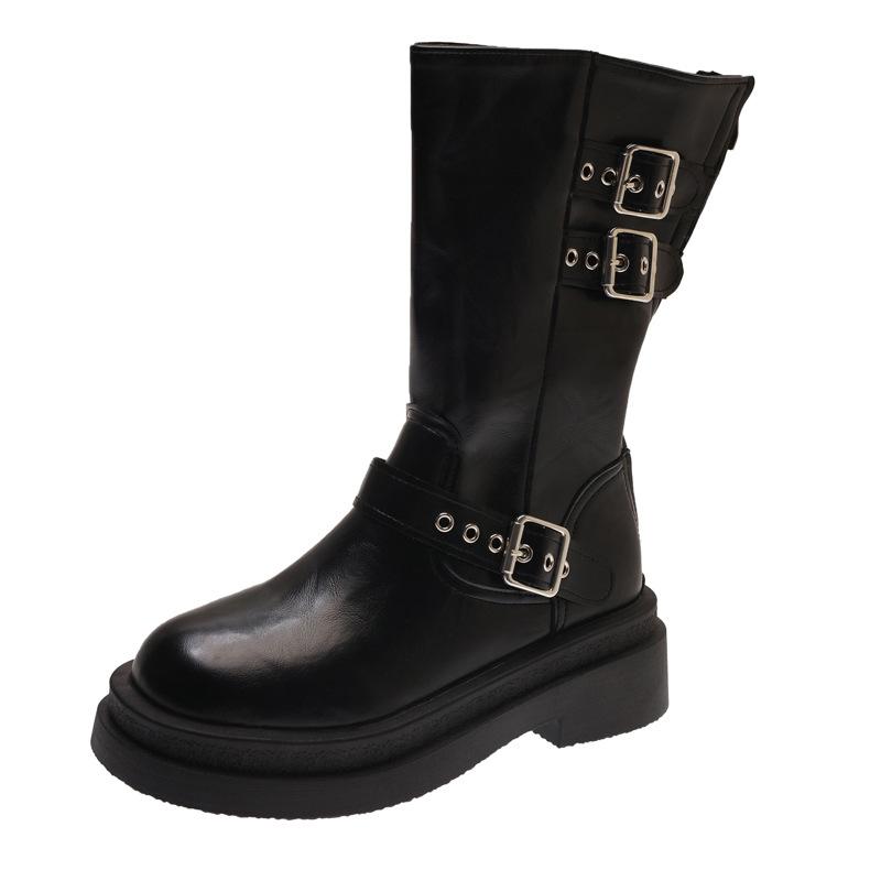 Soft leather version~ retro belt buckle locomotive knight boots women's new round head thick heel medium tube boots big tube Martin boots